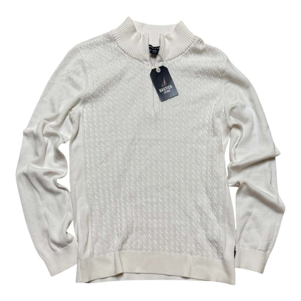 Nautica Jeans Women M White Cable Knit Quarter Zip Sweater 100% Cotton NWT